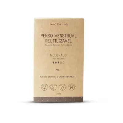 Embalagem de penso menstrual reutilizável castanha com texto em preto