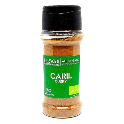 Frasco de caril em pó com tampa preta e rótulo verde