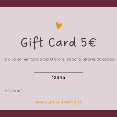 Cartão-presente digital rosa claro com valor de 5€ e código 12345