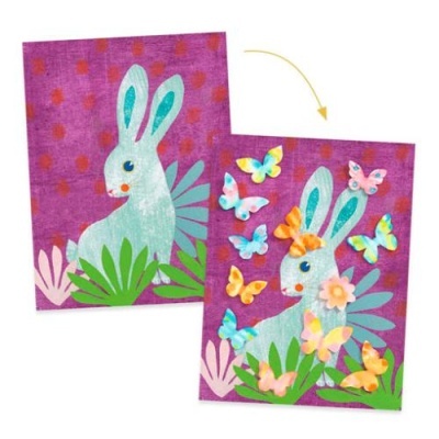 Papel colorido com ilustração de coelho e borboletas em fundo roxo