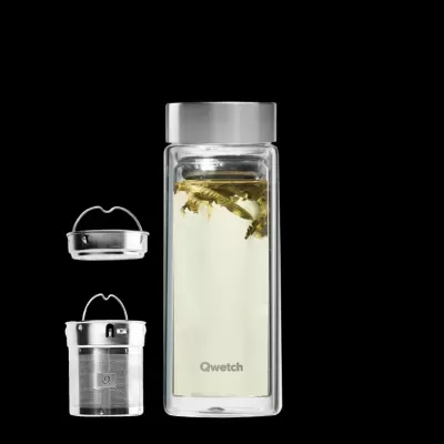 Garrafa de vidro com tampa metálica e infusor para chá, marca Qwetch
