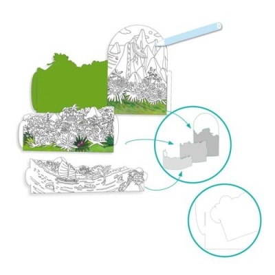 Elementos em papel para montar cenário com desenhos de natureza e cenas marítimas, da Djeco.