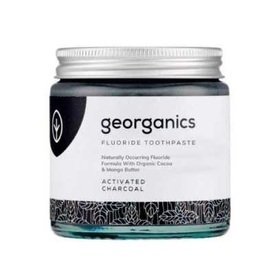 Frasco de pasta de dentes georganics com carvão ativado, etiqueta branca e tampa prateada