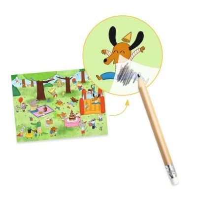 Jogo infantil com animais numa festa no parque e lápis de cor com borracha