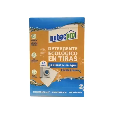 Embalagem de detergente ecológico Nobacpro em tira azul e castanha com texto e ícones