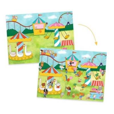 Puzzles infantis com tema de parque de diversões e animais desenhados