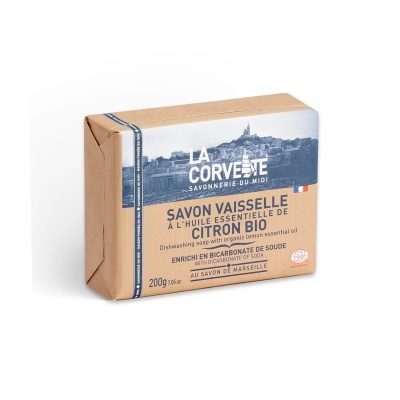 Sabão de louça LA CORVEE com óleo essencial de limão biológico, embalagem em papel castanho com rótulo azul e branco