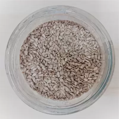 Recipiente de vidro com sementes de girassol