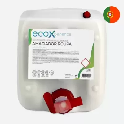 Recipiente plástico branco 20L de amaciador de roupa ecoxperience com tampa e bico vermelho.