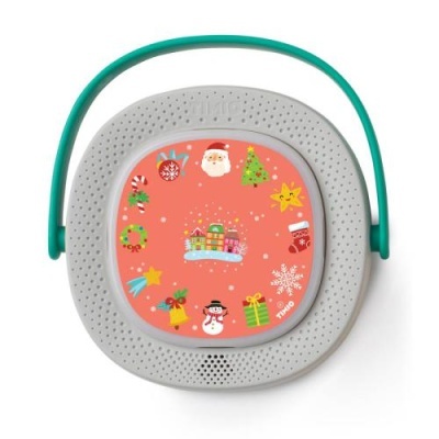 Caixa de som portátil cinza com decoração natalícia