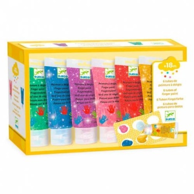Conjunto de 6 tubos de tinta para pintura a dedo coloridos da marca DJECO em embalagem amarela