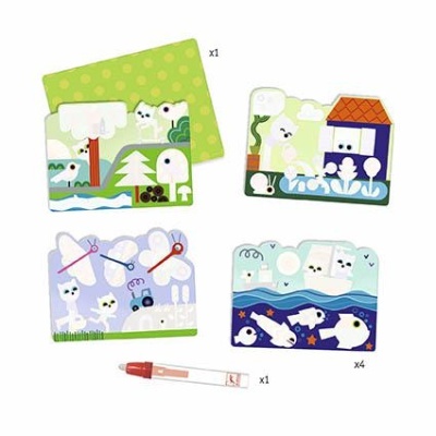 Cartazes ilustrados com animais e vegetação e marcador vermelho