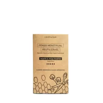 Embalagem castanha de penso menstrual reutilizável com texto e desenhos pretos