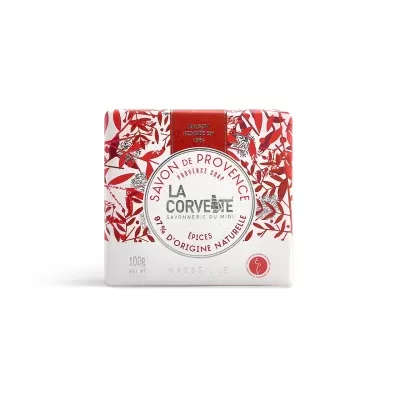 Sabonete La Corvette Provence com embalagem branca e folhas vermelhas