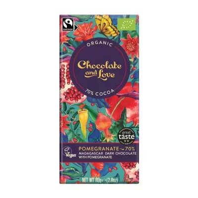 Barra de chocolate orgânico 70% cacau com embalagem colorida e selo Vegan e Fairtrade