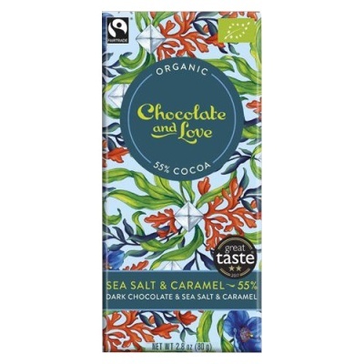 Barra de chocolate Chocolate and Love, Sea Salt & Caramel, 55% cacau, embalagem floral colorida.