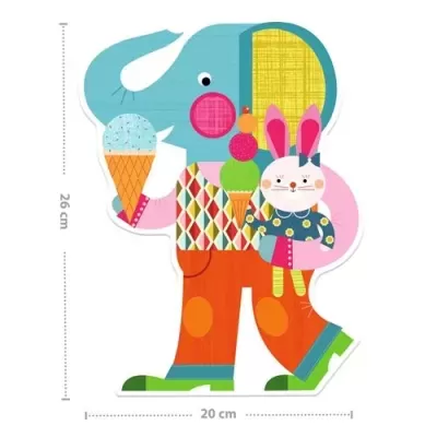 Figura decorativa de elefante colorido segurando coelho de peluche.