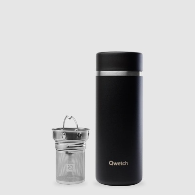 Garrafa térmica preta Qwetch com filtro de chá em aço inox