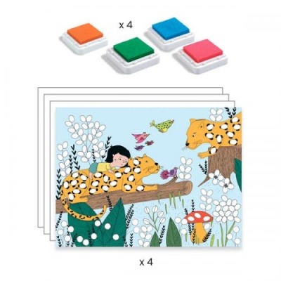 Quatro almofadas de carimbo coloridas e quatro cartões ilustrados com criança e animal amarelo, flores e cogumelos