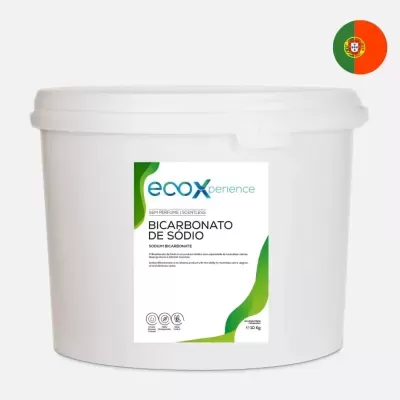 Recipiente branco grande com tampa contendo bicarbonato de sódio da marca ecoxperience