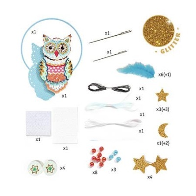 Materiais para artesanato com padrão de coruja e glitter dourado