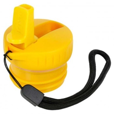 Tampa amarela de plástico com bocal e cordão preto