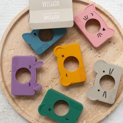 Molduras de madeira coloridas em forma de animais numa bandeja redonda