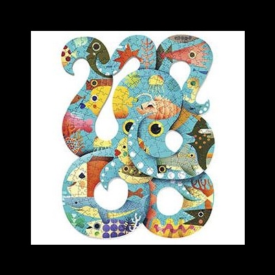 Puzzle de madeira colorido em forma de polvo com padrão marinho