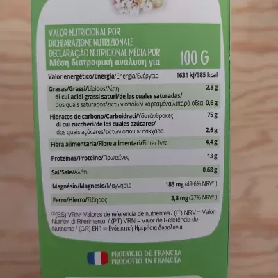 Etiqueta nutricional de produto alimentar com 100 g e informação nutricional detalhada
