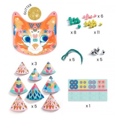 Kit de máscara de gato, contas coloridas, fios, sinos, chapéus de papel e autocolantes