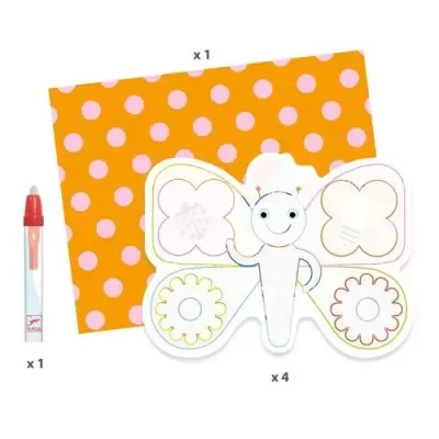 Conjunto de caneta colorida, papel com bolinhas e recortes de borboletas para colorir