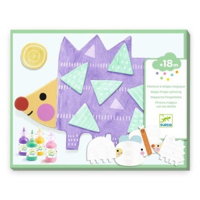 Conjunto de pintura mágica para crianças com desenho de ouriço roxo e tintas coloridas.