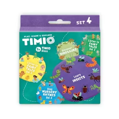 Embalagem colorida de set 4 discos TIMIO com ilustrações de animais e texto educativo