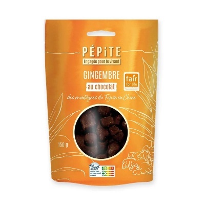 Embalagem laranja de snack de gengibre em chocolate PÉPITE com janela transparente e texto em francês