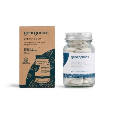Goma de mascar georganics English Peppermint em caixa e frasco de vidro