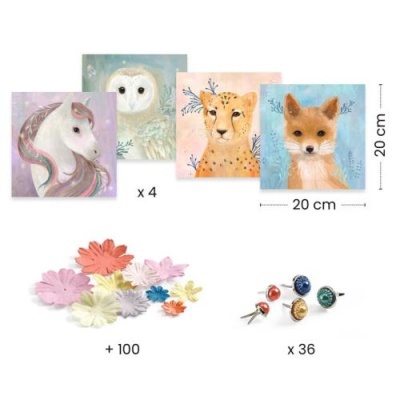 Conjunto de quatro quadros de animais com flores coloridas e tachinhas para decoração