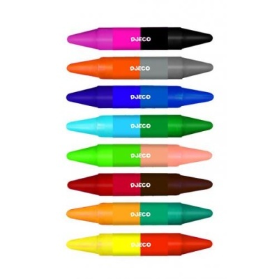 Oito lápis de cera coloridos em pares de cores, com formato de cápsula e a marca DJECO impressa