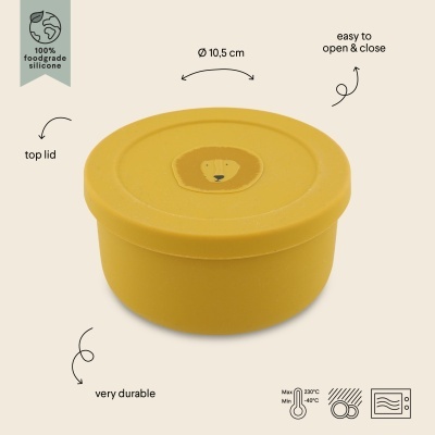 Recipiente redondo amarelo de silicone com tampa e desenho de leão