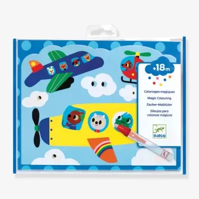 Conjunto de colorir mágico com desenhos de aviões e helicóptero, marcador e embalagem azul.