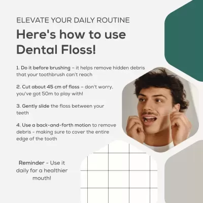 Instruções para usar fio dental com imagem de homem a usar fio dental