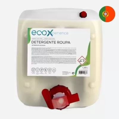 Recipiente de detergente roupa ecoxperience de 20 litros, branco com tampa vermelha.