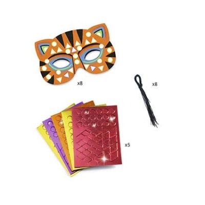 Máscaras de papel com padrão de tigre, folhas de autocolantes brilhantes e laços pretos