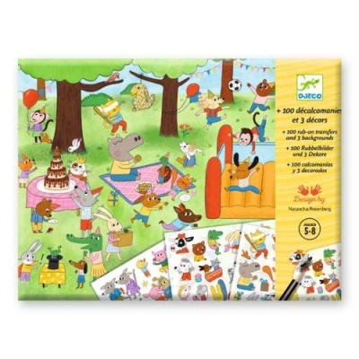 Jogo Djeco com decalcomanias de animais numa festa em parque para crianças dos 5-8 anos