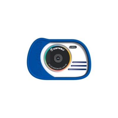 Câmara digital infantil Kidywolf azul e branca com lente preta e detalhes coloridos