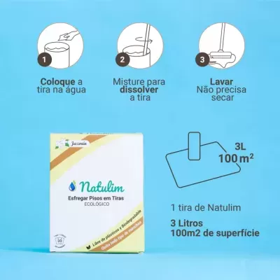 Caixa do produto Natulim Esfregar Pisos em Tiras Ecológico com instruções de uso em fundo azul