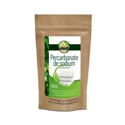 Pacote castanho de percarbonato de sódio Ecoidées 500g com texto em francês.