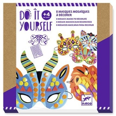 Kit de máscaras mosaico para decorar da DJECO com 8 máscaras coloridas para crianças maiores de 4 anos.