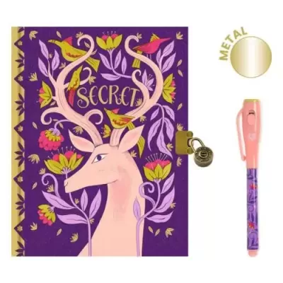 Caderno roxo com cervo e flores e caneta rosa com detalhes florais