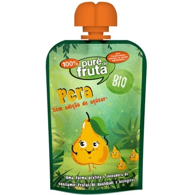 Embalagem de puré de fruta BIO sabor pêra com tampa laranja e texto explicativo
