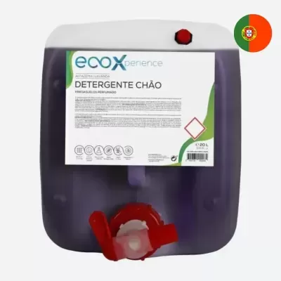 Recipiente plástico com detergente roxo para chão e rótulo branco